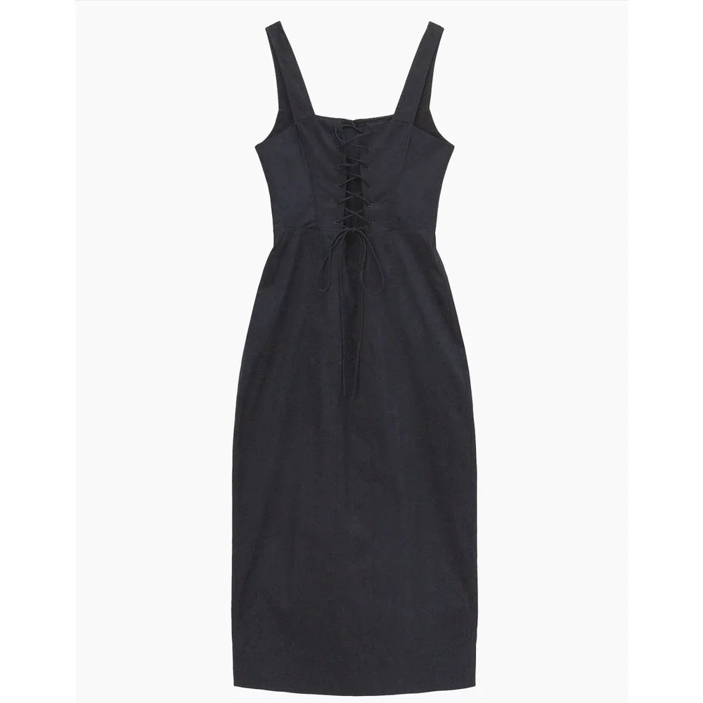 STAUD Sutton Lace Up Black‎ Midi Dress Size 10 New - Picture 2 of 14